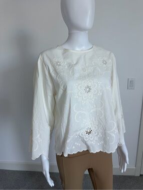 Zara Home Cream Embroidered Long-Sleeve Tunic Top